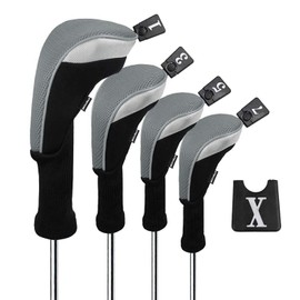 Andux 4pcs/Set Golf 460cc Driver Wood Club Head Covers Long Neck with Replaceable No. Tags Black/Grey
