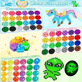 TicKiddos Water Fuse Beads Set, 24 Colours 4300+ Pcs Solid Beads and 12 Colours 2100+ Pcs Glow in The Dark Refill Compatible Beads, 5mm Water Sticky Beads with Accessories as DIY Crafts Toys for Kids