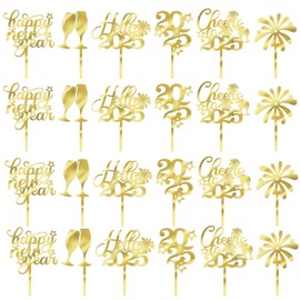 Dxsdgetue 24 pieces Happy New Year Cupcake Topper,-Acrylic gold 2025 New Year's Eve Party, Hello 2025, Cheers 2025 Welcome to 2025 party decorations