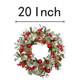 VGIA 20 Inch Christmas Wreath for Front Door Artificial Winter Xmas Wreath with Christmas Balls Christmas Decorations with Eucalyptus Leaves for Window Wall Fireplace Holiday Home Decor
