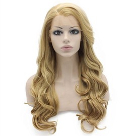 Mxangel Long Wavy Celebrity Synthetic Lace Front Half Hand Tied Heat Resistant Fiber Ash Blond Natural Wig