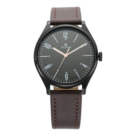 TITAN Workwear Men’s Watch - Quartz, Water Resistant, Leather Strap - Brown Band and Black Dial, Brown, Chronograph