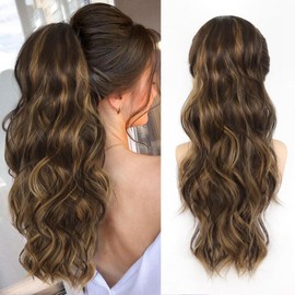 ALXNAN Ponytail Extension,Drawstring Ponytail Hair Extensions Dark Brown with Blonde Long Wave Ponytail for Women
