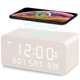 Andoolex Andoolex Wooden Digital Alarm Clock with Wireless Charging, 0-100% Adjustable Brightness Dimmer and Volume, Weekday/Weekend Mode, Dual Alarm, Snooze, 12/24H, Wood LED Clock for Bedroom (White)