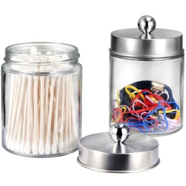 Amolliar 4Pc Apothecary Jars Bathroom Vanity Storage Organizer Set -Countertop Canister with Stainless Steel Lids &Stickers - Qtip Dispenser Holder for Qtip,Cotton Swab,Makeup Sponge (Brushed Nickel)