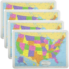 Painless Learning Educational Placemats Sets USA Map 4 Pack Non Slip Washable