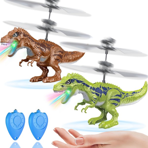 2 Pack Flying Dinosaur Toys for Kids, Flying Orb Ball Toy Hand Operated Drones with LED Light Flying Ball Drone with 2 Remotes Indoor Outdoor Boys Girls Adults Gifts for 6 7 8 9 10 11 12+ Year Old