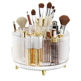 360° Rotating Makeup Organizers Countertop, 5 Slot Makeup Brush Holder Organizer for Cosmetics, Skincare Storage Beauty Holder for Eyeliner Lipstick on Bathroom Vanity - Color: Rotate Makeup Organizer Large-white