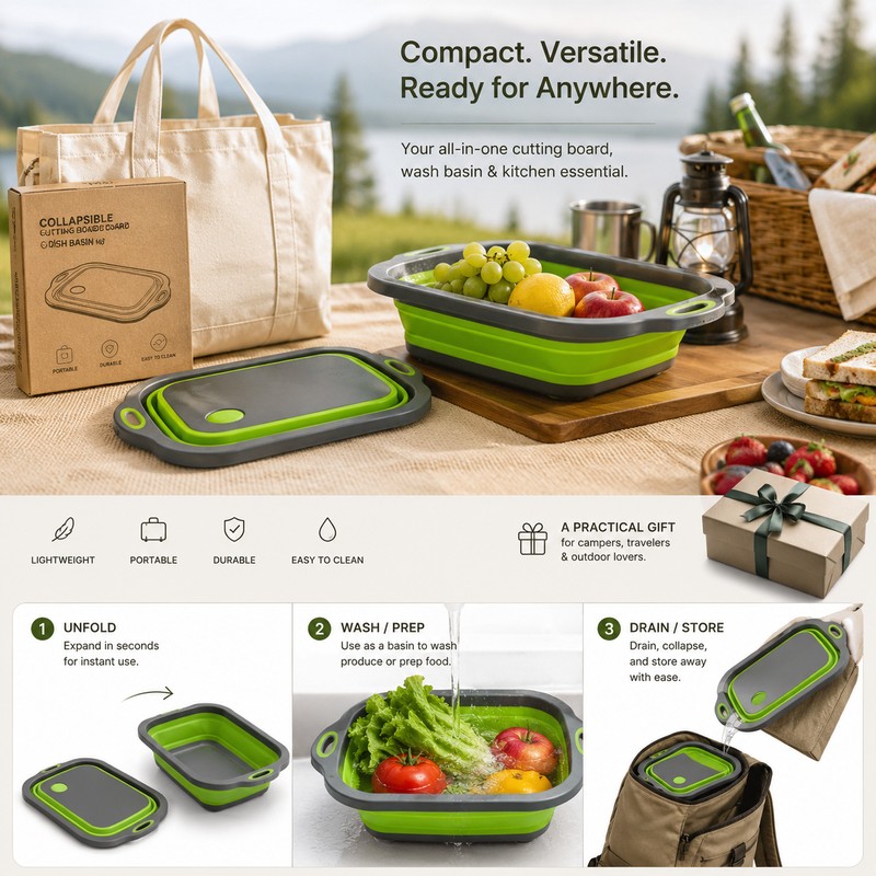 Collapsible Cutting Board & Dish Basin for Camping – Foldable