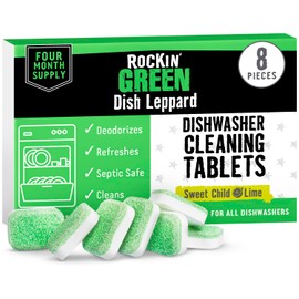 Rockin' Green Dishwasher Cleaner Tablets (8 Pack) - Septic Safe Dishwasher Cleaning Tablets Dishwasher Cleaner and Deodorizer - Dishwasher Tablets Remove Build Up with Citric Acid (Sweet Child O'Lime)