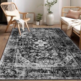 MUJOO Black Rug Washable,Boho Area Rugs for Bedroom Living Room Bedside Office,Non Slip Throw Carpet for Floor Soft Black and White Floral 4x6.5