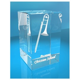 3D Glass Cuboid | Trombone with Name of Choice | Wind Instrument | Gift for Trombone Players Musicians Orchestra