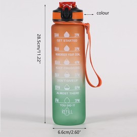 Motivational Time Marked Water Bottle with Straw and strap, 1L, BPA-Free, Leak-Proof, Non-Spillable, Includes Excited Stickers, Plastic, Odour Free, Variant Colours, (Orange and Green)
