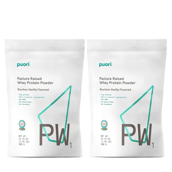 Puori Whey Protein Powder - Bourbon Vanilla - PW1 Pasture Raised, Grass-Fed & Non-GMO - 100% Natural and Pure for Muscle Growth - 21g Protein 1.98lbs, Pack of 2 - Gluten-Free