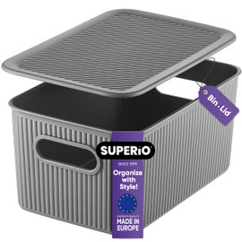 Superio Ribbed Collection - Decorative Plastic Lidded Home Storage Bins Organizer Baskets, Medium Grey (1 Pack - 5 Liter) Stackable Container Box, for Organizing Closet Shelves Drawer Shelf