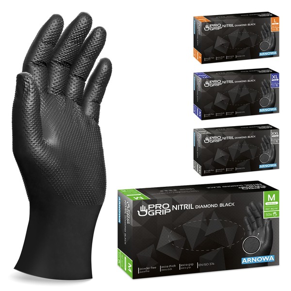 Progrip Disposable Gloves, Black, Extra Strong, Nitrile Gloves, M, 2x