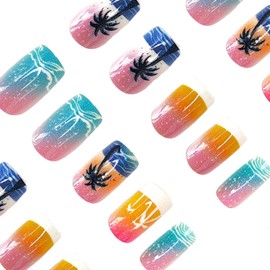24 Pcs Summer Press on Nails Glitter Fake Nails Short Square Shaped French Tip False Nails with Coconut Tree Designs Gradient Acrylic Nails Full Cover Stick on Nails for Women DIY Manicuare
