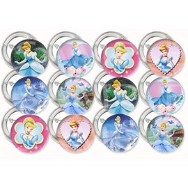 Princess Cinderella Buttons Pinback Movie Party Favors Supplies Decorations Collectible Metal Buttons Pins, Large 2.25” -12 pcs, Prince Charming Glass Slipper Fairy Godmother Evil Stepsisters