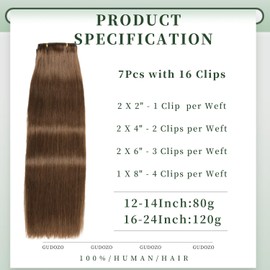 GUDOZO Clip-In Human Hair Extensions, 7 Pieces, 40 cm, 120 g, Invisible Clip Extensions, Human Hair Clip Extensions, Skin Weft Hair Extensions (16 Inches, 4#)