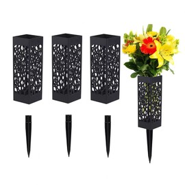 iayokocc 4Pcs Grave Flower Holders, Cemetery Vase with Stakes, Memorial Cemetery Floral Holder, 7" Plastic Rectangle Grave Vase for Gravestone Grave Outdoor Flower Marker (Black)