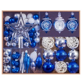 Joiedomi 70Pcs Assorted Christmas Ornaments Set with Ball Ornaments, Star Topper and Heart, Hanging Shatterproof Christmas Ornaments for Holidays and Xmas Tree Ornaments (Blue, Silver&White)