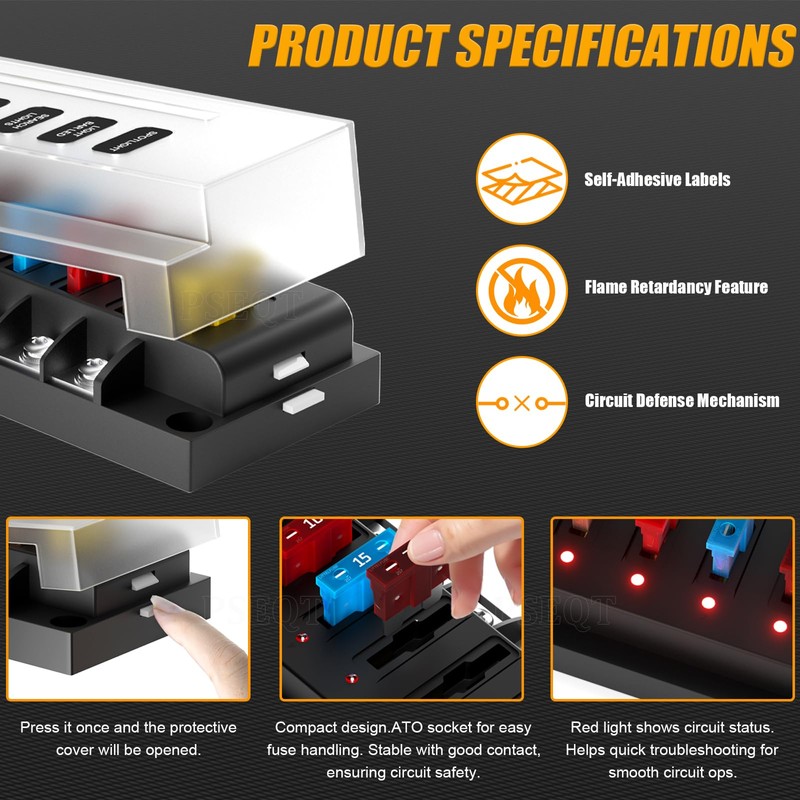 PSEQT 12V Fuse Block, 4 Circuit Blade Marine Fuse Panel