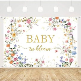 MEHOFOND 7x5ft Wildflower Baby in Bloom Baby Shower Backdrop Decorations, Wildflower Baby Shower Background, Spring Floral Banner Gold Glitter Photography Background Photo Prop 6x3.6ft