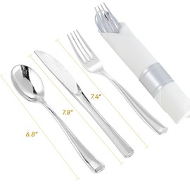 30 Pack Pre Rolled Silver Plastic Silverware, Disposable Cutlery Set- 30 Forks, 30 Spoons, 30 Knives, 30 Napkins, Disposable Heavy Duty Silverware Set for Dinner, Party, Wedding