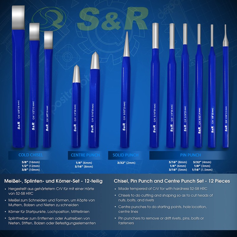 S&R Chisel, Pin Punch and Center Punch Set, 12-Piece Set,