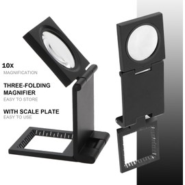 Pocket Magnifying Glass, 10X Three Folding Magnifier with Scale & Pouch, 28mm Mini Zinc Alloy Portable Standing Magnifying Glasses for Textiles, Optical Glass, and Jewelry