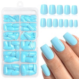Lifextol 120pc Blue Coffin Press on Nails Short Fake Nails Press ons for Women Acrylic Nail Presson Nail&Glue Tabs, Short Blue Fingernails Coffin False Fingernail Tip Stick on Artificial Fingernail-H