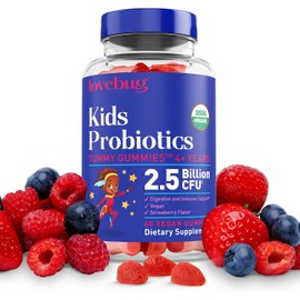 LOVEBUG Gomitas probióticas para niños: probióticos masticables orgánicos para niños mayores de 4 años. Probiótico infantil de origen vegetal para la salud intestinal, el estreñimiento, la digestión y