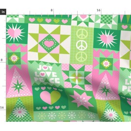 Spoonflower Fabric - Christmas Patchwork Cheater Quilt Cottagecore Pastel Pink Green Peace Printed on Cotton Poplin Fabric by The Yard - Sewing Shirting Quilting Dresses Apparel Crafts