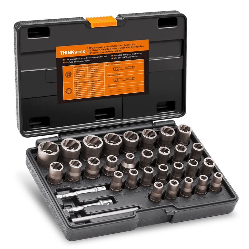 THINKWORK Bolt Extractor Kit, 32-Piece Nut Extractor Socket Set, 1/4"