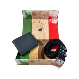 Biagiotti Men's Gift Box Leather Wallet and Elastic Belt with Leather Inserts, blue