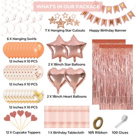 Rose and Gold Party Decorations, Rose and Gold Balloons Birthday Decorations, Happy Birthday Banner Golden Fringe Curtain Tablecloth Hanging Swirls Heart Star Foil Confetti Balloons
