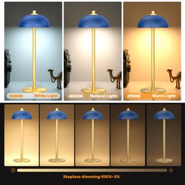 JONEMO 2 Pack Cordless Table Lamp, 5000mAh Portable Rechargeable Table Lamp, 3 Color Modes Stepless Dimming Table Light with Memory Function, for Dinner, Patio, Home, Restaurant.(Blue)