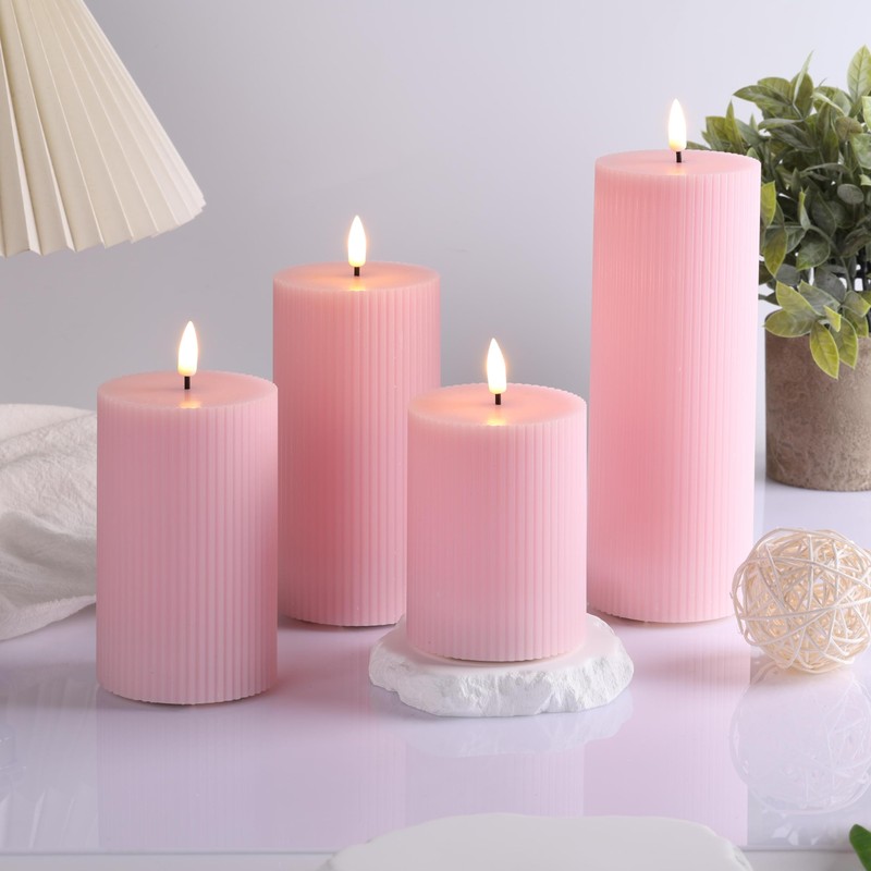 Girimax Pink Ribbed Flameless Pillar Candles with Remote, Flat Top