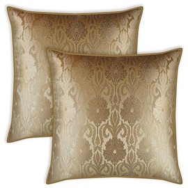 AVKA Studio Throw Pillow Covers - Pack of 2 Floral Brocade Decorative Pillows - Beige & Gold 20X20 - Indian Faux Silk Jacquard Cushion Cover - Cover Only