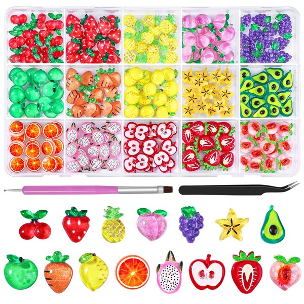 3D Cartoon Fruit Nail Art Charms, 15 Grids Mixed Assorted