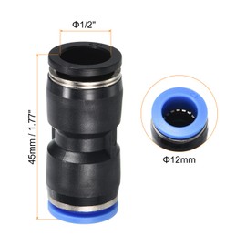 PATIKIL 1/2" to 12mm Reducing Push to Connect Air Line Fitting, 5 Pack Straight Union Reducer Pneumatic Quick Connect Fittings, Black & Blue