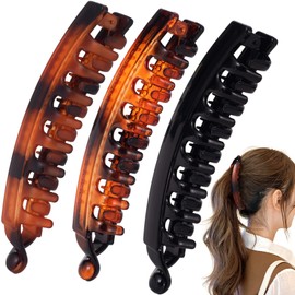 Mxxipp 3pcs French Banana Clips, Non-Slip Classic Large Hairstyle Claws, Fish Shaped Double Combs Hair Holder for Women Curly Straight Long Thick Thin Hair- Black & Brown & Matte Brown
