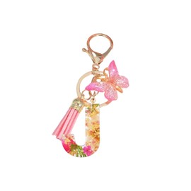 Initial Letter Keychains Pink Flower Butterfly Keychain Birthday Gifts for Women Bling Keychain For Backpack Wallet(J)