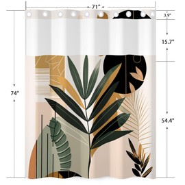 NAEMBCU - Cortina de ducha bohemia sin gancho con forro a presión de 71 x 74 pulgadas, diseño botánico tropical abstracto, cortina de ducha impermeable sin gancho para baño, decoración de hotel