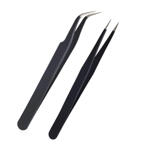 AIEX 2Pcs Lash Tweezers, Stainless Steel Eyelash Extension Tweezers Straight and Curved Tip Eyelash Tweezers (Black)
