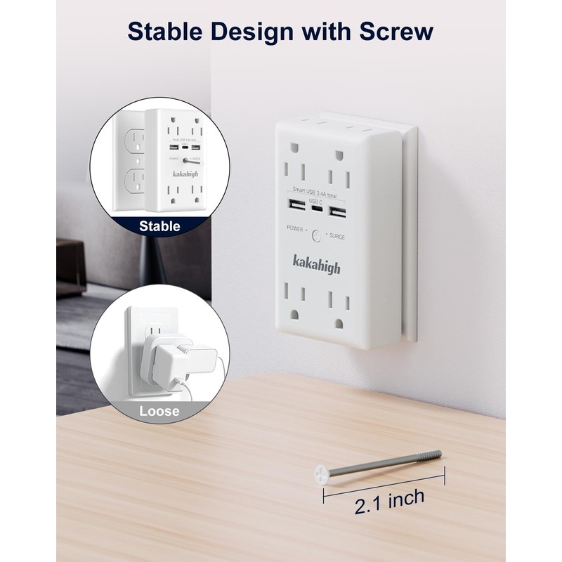 kakahigh Wall Outlet Extender with Screw 8 Way Outlets with