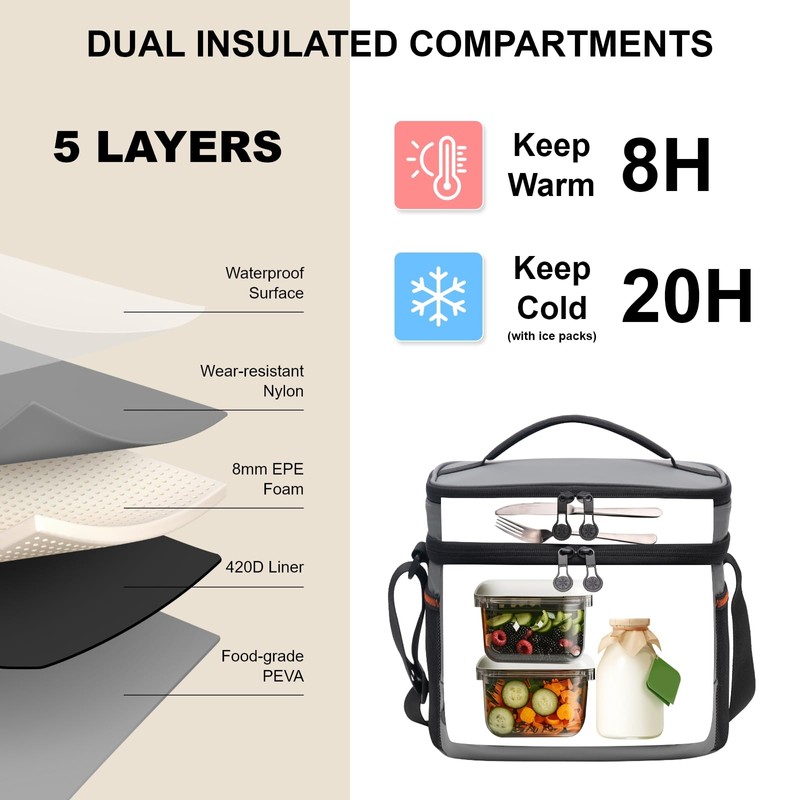 EVERFUN Insulated Lunch Bag Soft Lunch Box for Men Dual