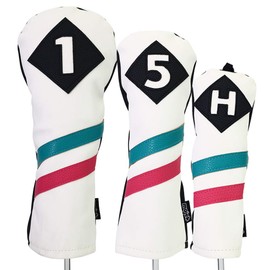Majek Golf Vintage Headcovers White Seafoam Teal Pink Stripe Premium Retro Leather Style 1 5 H Driver Fairway Hybrid Head Covers Fits 460cc Drivers and Modern Metal Woods Custom Design in California