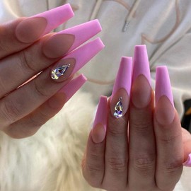 Outyua Hot Pink French Press on Nails Extra Long Fake Nails Coffin Ballerina Super Long False Nails Full Cover Acrylic Nails for Women and Girls 24Pcs (Rhinstone)