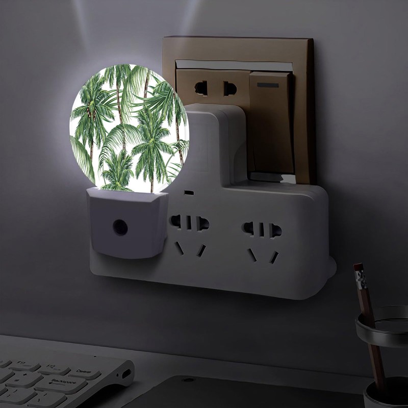 Chrobak Round LED Night Light,Green Leaves Palm Trees LED Night